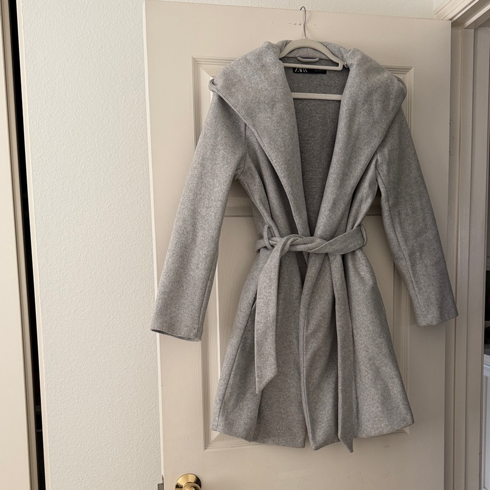 Zara Women's Light Gray Hooded Trench Coat knee length